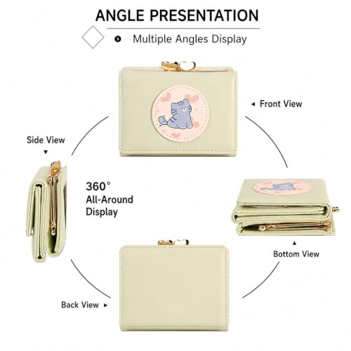 Image of Valerie Cute Small Wallets Clutch for Teen Girl Women PU Leather Trifold Small Wallet Cash Pocket 3D Buckle Card Holder Coin Purse with ID Window for Girls Women (Green cat)