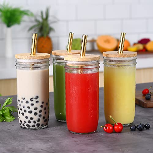 Vikeyhome Bubble Tea Cups 4 Pack 24 Oz, Reusable Wide Mason Mouth Smoothie Cups, Iced Coffee Cups With Bamboo Lids And Gold Straws Mason Jar Drinking Glasses Cups, Travel Glass Drinking Bottle #TOP2