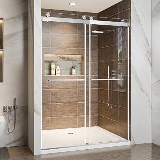 Frameless Shower Door 56-60" W × 78" H Sliding Shower Door, 3/8" (10mm) Thick Tempered Clear Glass with Explosion-Proof Film, Bathroom Glass Door, Brushed Nickel