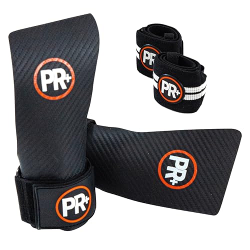 Set of PR+ Gymnastics Hand Grips + 18" Lifting Wrist Wraps for Pull Ups, Weightlifting, WODs & Cross Training – No Hole, Chalk-Free Gloves, Triple Layer Hand Protection & Wrist Support - Great Gift