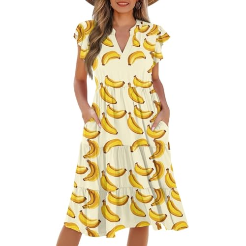 Image of Women's Casual Ruffle Sleeve Dress V Neck Pullover Dress Flowy A-Line Pleated Lightweight Dress with Pockets