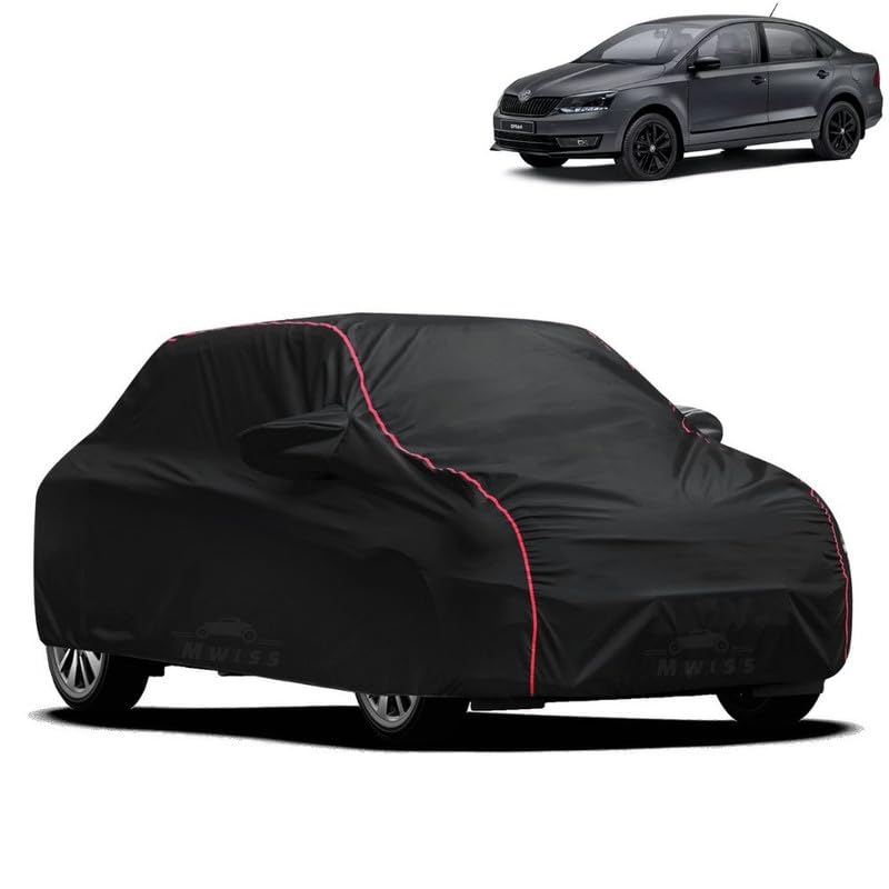 Image of Waterproof Car Cover for Skoda Rapid | All-Weather Protection, Dustproof & UV Resistant | Triple Stitched Mirror Pockets, Windproof Buckle Strap with Elastic Hem, Black-Red Piping