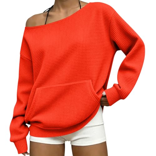Off the Shoulder Sweatshirt for Women Waffle Pocket Cute Sweatshirts