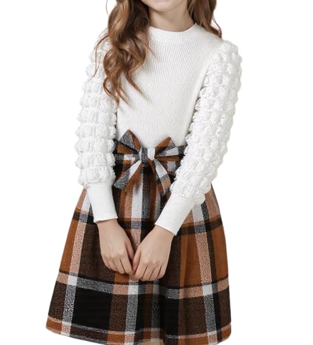 Xmas Toddler Girls Plaid Dresses Fall Puff Sleeve Patchwork Belted Checkered Skirt Dress Christmas Holidays Outfit