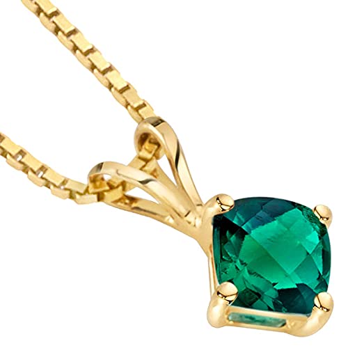 PEORA 14K Yellow Gold Created Emerald Pendant for Women, Classic Solitaire, 0.75 Carat, Cushion Cut, 6mm, AAA Grade, Green Emerald Jewelry, May Birthstone, w/Jewelry Box3