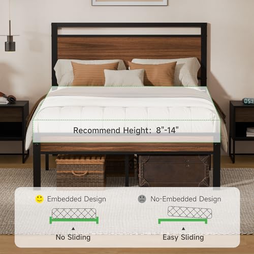 Image of Z-hom Full Metal Bed Frame&Wooden Headboard&Footboard,No Box Spring,Walnut | Heavy Duty &Metal Slats,No Box Spring Needed,Quiet&Non-Slip Design,Space Saving Bed Frame for Bedroom
