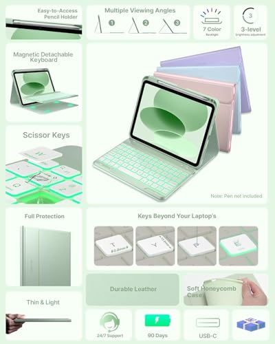Image of typecase Folio Keyboard Case for iPad A16 (11th) & iPad 10th Gen 10.9 inch (2022), Magnetic Wireless Detachable Keyboard, 7-Color Premium Backlight, Thin & Light, Pencil Holder-Matcha Green