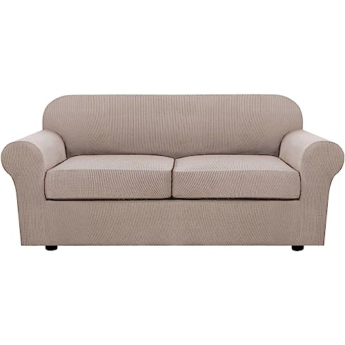 H.VERSAILTEX 3 Piece Stretch Sofa Covers for 2 Cushion Sofa Couch Covers for Living Room Furniture Cover (Base Cover Plus 2 Seat Cushion Covers) Thicker Jacquard Fabric(Large Sofa, Sand)