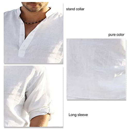 Camiseta masculina de linho de manga comprida, casual, verão, praia, com botão, respirável, cor pura