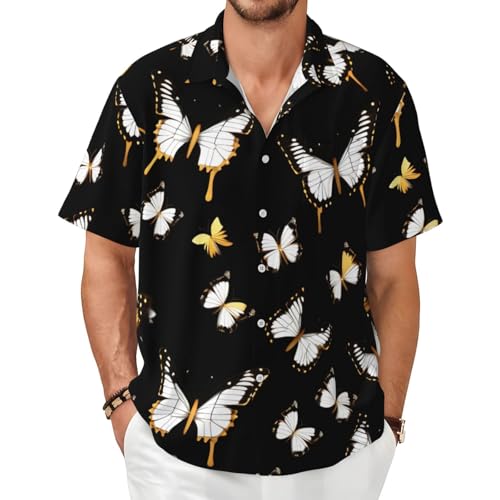 Chemise manches courtes homme imprimé papillons blanc et noir pour l'été