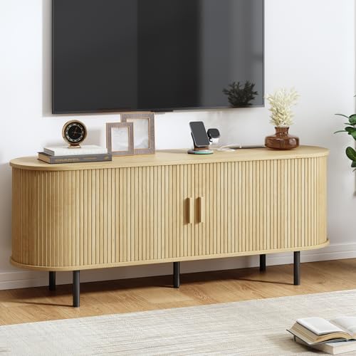 Image of 55 inch TV Stand with Power Outlet, Modern Media Console with Sliding Doors, Entertainment Center for TVs up to 60 Inch, Adjustable Shelves, Oak