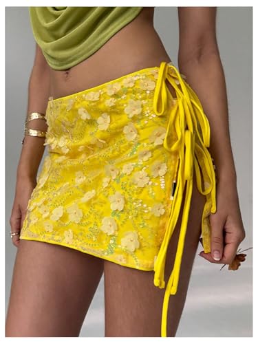 MakeMeChic Women's Mesh 3D Floral Mini Skirt Low Waist Sequin Tie Side Summer Skirts2