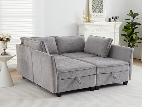 Image of ORRD Sleeper Modular Sectional Sofa Set, Convertible Couch Bed with Storage, 4 Seater and 4 Armrestes Sofa Modular for Living Room, Office (Grey)
