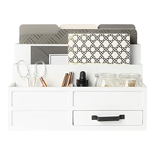 Blu Monaco White Wood Mail Organizer with Drawer and Pen Holder - Desk Organizers and Storage for Bills, Countertop, Kitchen, Desk Accessories & Workspace Organizers