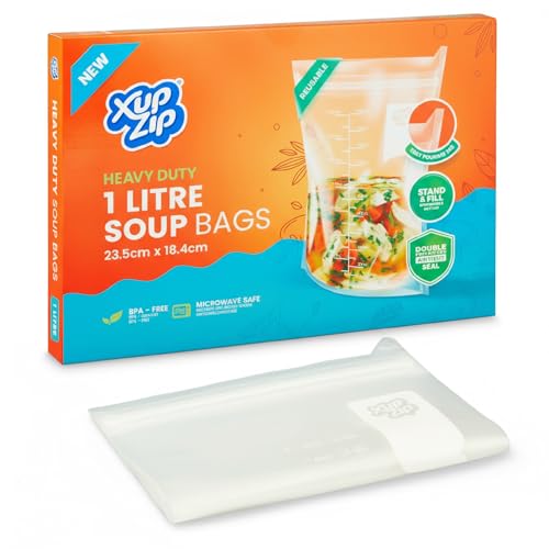 20 x XupZip 1000ml Soup Bags - Clear Soup Bag 23.5 x 18.4cm - Heavy-Duty Freezer Bags - Airtight double Seal, Easy Pouring Tab - Standing Food Storage Bags - Reusable Freezer Bags for Soup Storage