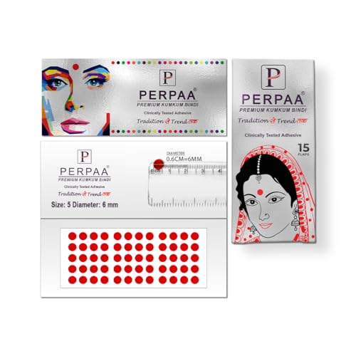 Image of PERPAA Premium Velvet Sticker Kumkum Bindi Box of 15 Flaps - Pottu for Women,Ladies, Girls (Size 5, Diameter 6mm, Red)