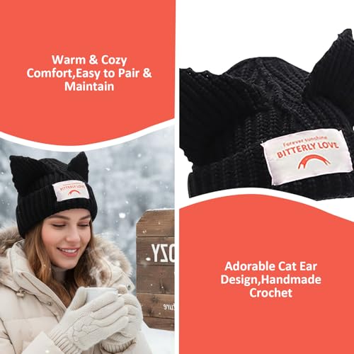 Gorro de punto con orejas de gato negro para mujer 4