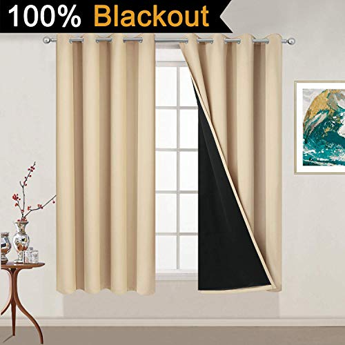 Image of Yakamok Beige 100% Blackout Curtains Energy Saving Thermal Insulated 2 Thick Layers Completely Blackout Drapes with Black Liner for Bedroom (52Wx54L, Beige, 2 Panels)