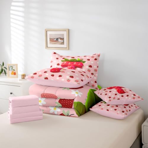 Image of Feelyou Girls Cute Strawberry Comforter Set Full Size 7 Pieces Pink Strawberry Bedding Set for Kids Boys Girls Initial Letter T Bed in a Bag with Comforter, Sheets, Pillowcases, Cushion Covers