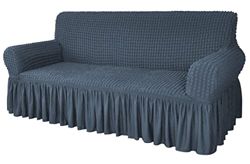 Image of House of Quirk Turkish Bubble Frill 280 GSM Sofa Slipcovers, Durable Washable Universal Four Seater High Elastic Furniture Protector (Grey, 230-300cm)