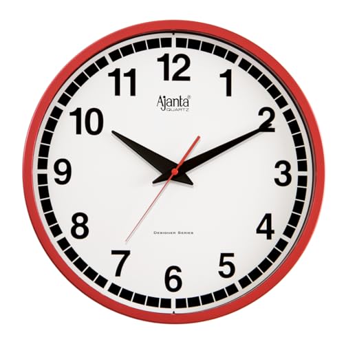 Image of Ajanta 2607 Wall Clock (11.9 Inch / 302.5mm) - Silent Sweep Non-Ticking Movement - Stylish Vibrant Red Home Decor Clock