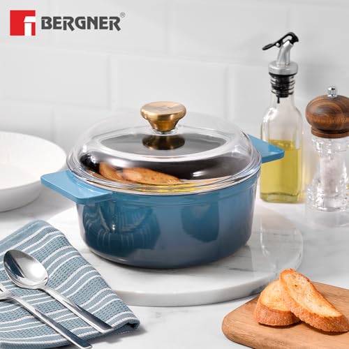 Image of Bergner Excalibur Lightweight Cast Iron Dutch Oven /Biryani Pot /Casserole with Glass Lid, 16cm (1.2L), Non-Stick Coating, PFAS Free, Elegant Design, Silicone Grips, Induction and Gas Stove Ready (Blue)