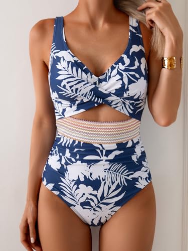 Image of B2prity One Piece Swimsuit for Women Tummy Control V Neck Bathing Suit Color Block High Waisted Cutout Swimwear