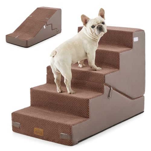 COZY KISS Dog Stairs for Small Dog, 21.7" H, 5 Step pet ramp for Bed, Brown