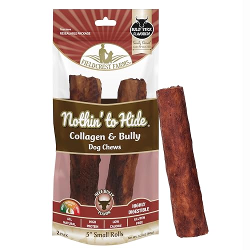 Fieldcrest Farms Nothin’ to Hide Collagen & Bully Small Rolls, 5 Inch, Beef Bully Flavor, Highly Digestible Chews that Support Skin, Coat, Joints & Muscles, for Moderate Chewers Under 35 Lbs, 2 Pack