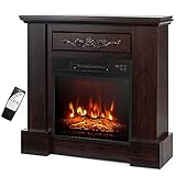 COSTWAY 32-inch Electric Fireplace with Mantel, 1400W Freestanding Fireplace Heater with Remote Control, Thermostat, 6H Timer, Adjustable 3D Flame Effect, Fireplace Mantel for Living Room, Brown