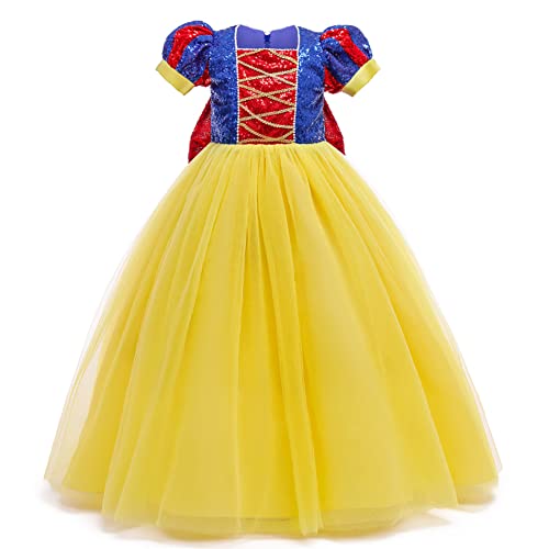 IWEMEK Girls Snow White Costume Sequins Long Princess Dress Up Gown Cosplay Fairy Tale Fancy Dress Kids Halloween Carnival Costumes Pageant Photo Shoot Birthday Party Outfits Blue Sequins 9-10 Years