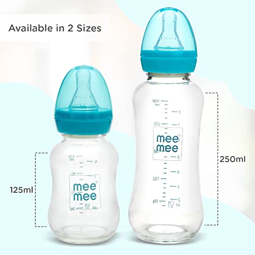 Mee Mee Premium Glass Feeding Bottle with Eazy-Flow Technology, Anti-Colic Valve,Anti Slip,BPA-Free Baby Feeding Bottle for Babies & Toddlers(Blue, 240Ml,Pack of 2)
