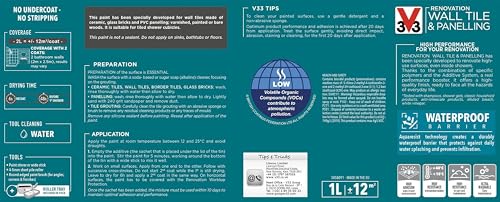 V33 Renovation Wall Tile & Panelling Paint - No Undercoat Needed - For High Moisture Surfaces - Resistant To Temperature Variations - Soft Grey Satin 750ml