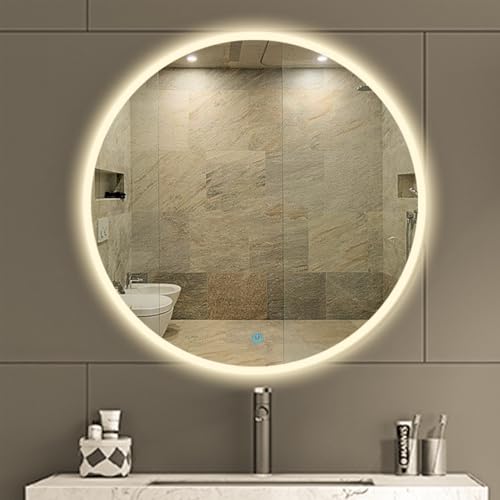 مرآة حمام دائرية LED مقاس 60 سم-بتصميم حديث-مرآة حائط للحمام بإضاءة LED ومفتاح لمس-إضاءة قابلة للتعتيم +إضاءة LED وارم