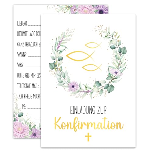 JOYEASE 12x Einladungskarten Konfirmation DIN A6 - Einladung Konfirmation Jungen und Mädchen - Motiv Fisch Kreuz Eukalyptus