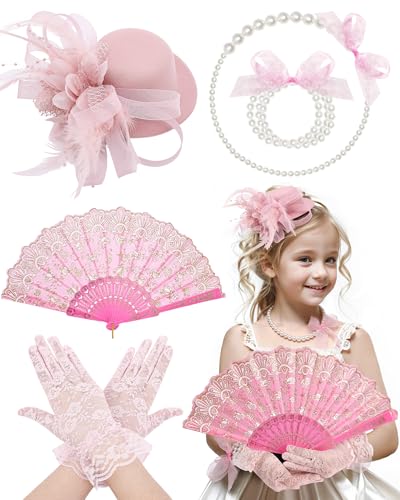 Zinniday Girls Tea Party Hats Set - 5 Pcs Pink Mini Top Attire Hat with Pearl Necklace Bracelet Hand Fan and Lace Gloves 2026 Derby Fascinators Hats for Cocktail Party Prom Carnival Halloween