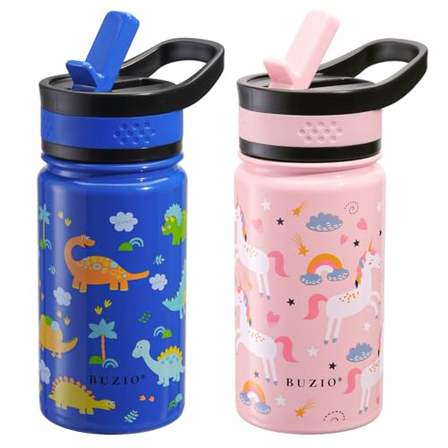 2-Pack Kids Water Bottle, BUZIO 14 oz Toddler Stainless Steel Insulated Water Bottles with Tritan Straw Lid, Leak Proof BPA-Free Wide Mouth Drink Flask for Shcool Boy Girl (Pink Unicorn+Blue Dinosaur)