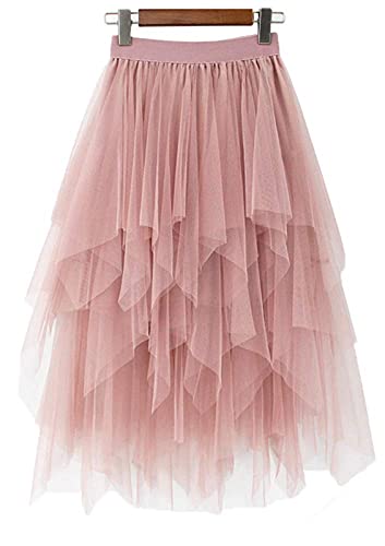 LBKKC Women s Tulle Skirt Formal High Low Asymmetrical Midi Tea-Length Elastic Waist Skirt Nude Pink