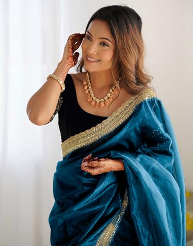 Image of SIRIL Women's Shimmer Net Sequence Embroidery Lace Saree for With Unstitched Blouse Piece