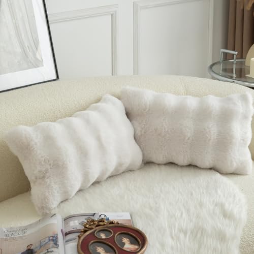 Image of MANDIOO Pack of 2 Thick Plush Wool Decorative Throw Pillow Covers Super Soft Wave Bubble Fur Velvet Cushion Covers Pillow Shams for Couch Bed Living Room 12x20 Inch Cream White
