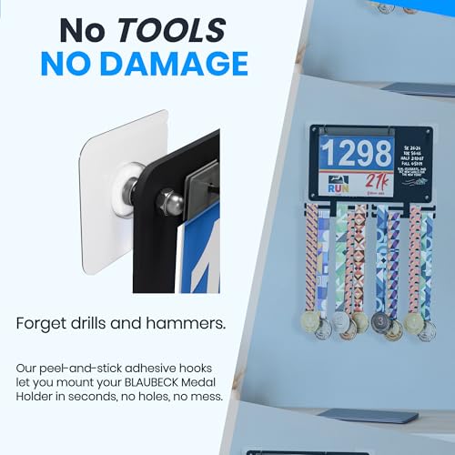 Image of BLAUBECK 4-Pack Adhesive Wall Hooks Medal Holder - No-Drill Mounting Kit with Screws - Heavy-Duty Peel & Stick Hooks for Runners Medal Display