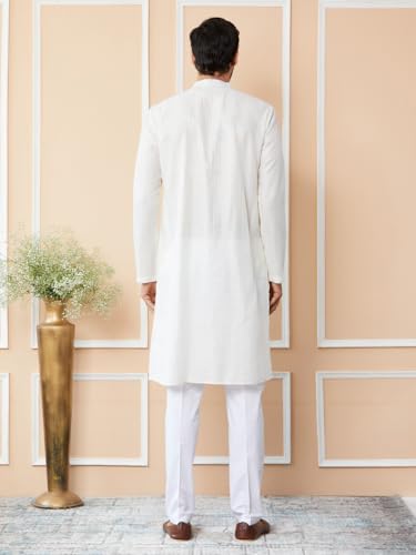 Image of See Designs Men's Long Sleeve Mandarin Collar Side Slit Embroidered Thread Work Sequinned Chanderi Silk Straight Kurta with Pyjama