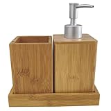 IMIKEYA Accesorios de Baño Bambú Set Multifuncional con Dispensador de Jabón y Portacepillos Vaso para Enjuague y Base Material Resistente y Diseño Elegante para Hogar