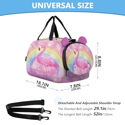 Pink Flamingo Rainbow Kids Travel Duffel Bag for Boys Girls Overnight Weekend Tote Bag with Shoes Compartment for Trip Beach Swim3