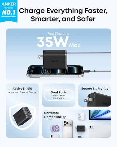 Image of Anker Nano USB C Charger Block, 35W Max 2-Port Compact Charger with Durable Built-in Anker InstaCord Retractable Cable, with iPhone 17 /16 /15 Series, iPad, and More(Black,Non-Battery)