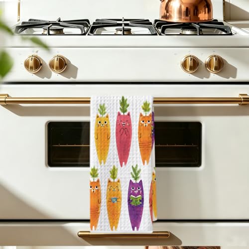 Image of Hanamiya Na Funny Carrot Cat Kitchen Towels 24x14 Inch, Veggie Cats Reusable Dish Towels for Kitchen Bathroom Decor, Waffle Weave Hand Cloth Tea Towel, Cat Lover Gifts for Women Girls Friend