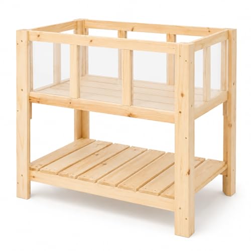 Image of ketive Raised Garden Bed with Transparent Acrylic Side Panels, Elevated Wooden Planter Box with Shelf for Vegetables, Herbs & Flowers,Outdoor Raised Garden Planter for Patio, Balcony & Backyard
