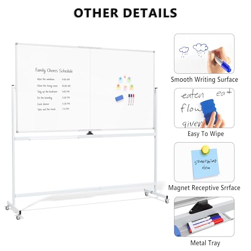 Image of Large Rolling Whiteboard on Wheels, 72 inch x 40 inch Double-Sided Mobile White Board with Stand, Portable Standing Magnetic Dry Erase Board Easel for Home Office Classroom School, Silver