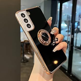 ZTOFERA Compatible with Samsung Galaxy S21 5G Case with 360 Degree Rotation Finger Ring Holder, Flexible Silicone Phone Case with Magnetic Metal for Car Mount Gold Edging Shockproof Cover, Black