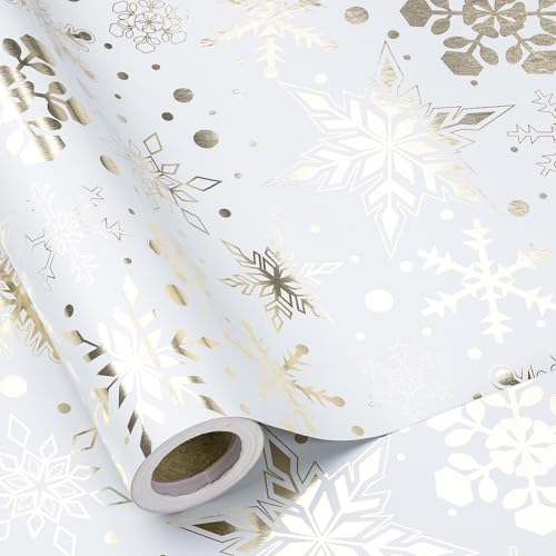 RUSPEPA Gold Foil Snowflake Christmas Wrapping Paper Roll, Mini Roll, Elegant Gold and White Snowflake Design Gift Wrap Paper, Perfect for Holiday Gifts, Christmas Party, 17 Inches x 32.8 Feet